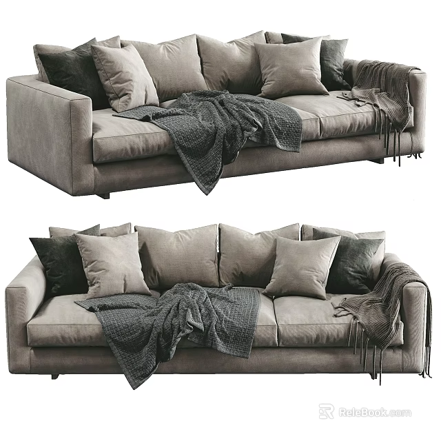 Light Gray Multi Seater Sofa With Cozy Pillows And Throw Blanket 3d model