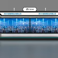 Modern Display Shelves With Dual Screens City Backdrop And Company Signage