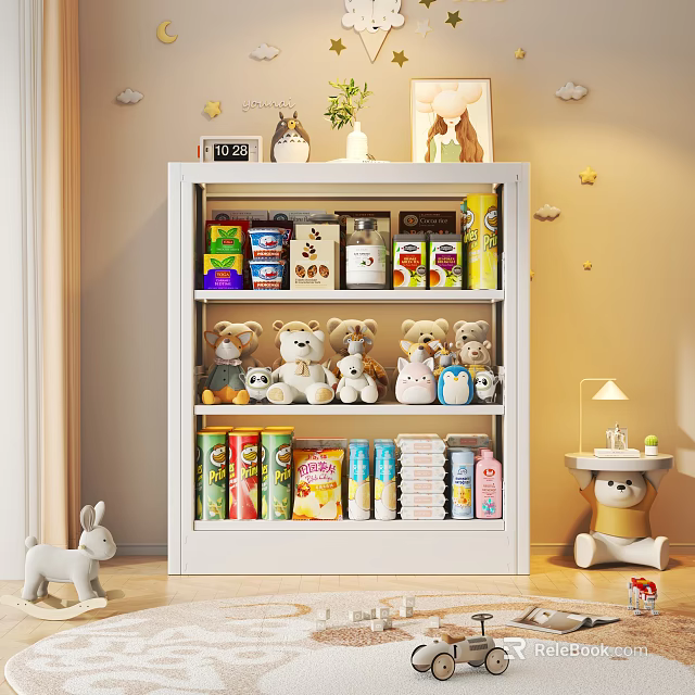 Storage Shelf with Stuffed Toys Food Boxes in Cozy Kids Living Room 3d model 
