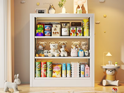 Storage Shelf with Stuffed Toys Food Boxes in Cozy Kids Living Room 3d model