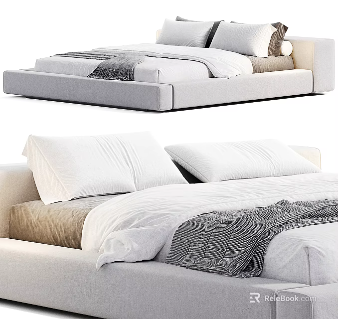 Modern Double Bed With White Sheets Gray Throw Blanket And Plush Pillows 3d model 