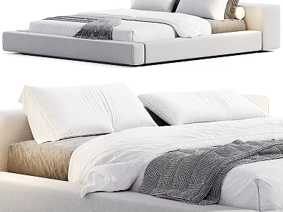 Modern Double Bed With White Sheets Gray Throw Blanket And Plush Pillows 3d model