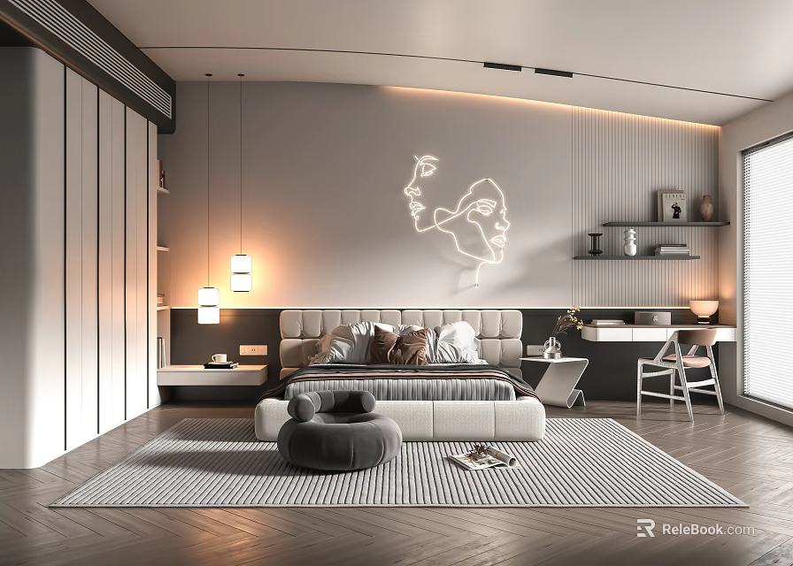 Modern Bedroom Interior With Plush Bed Neon Line Art Geometric Rug And Accent Chair 3d model 