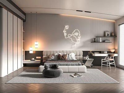 Modern Bedroom Interior With Plush Bed Neon Line Art Geometric Rug And Accent Chair 3d model