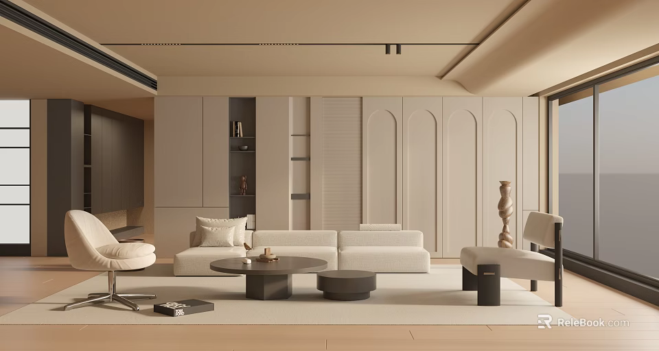 Modern Minimalist Living Room Interior With Beige Sofa Round Coffee Table And Built In Cabinets 3d model 
