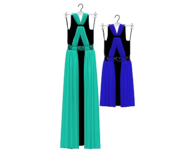Two Women Clothes Sleeveless Long Dresses Green And Blue With Belt Design 3d model