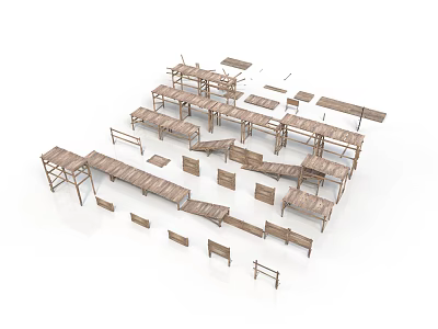 Unassembled Wooden Furniture Components Light Brown Table Chair Parts And Shelves On White Background 3d model
