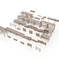 Unassembled Wooden Furniture Components Light Brown Table Chair Parts And Shelves On White Background