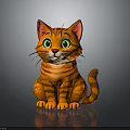 Orange Tabby Cartoon Cat With Green Eyes Red Ears Sitting On Gray Background With Reflection