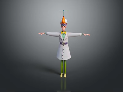 3D Character In White Lab Coat With Purple Bow Tie Green Pants And Antenna Device 3d model