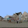 Vibrant Commercial Street With Diverse Architectural Styles Outdoor Dining Areas Colorful Umbrellas Tables And Pedestrians On Paved Walkway