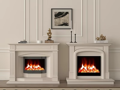 Double White Fireplaces with Flaming Logs Decorative Sculptures Candles and Artwork in Modern Interior 3d model