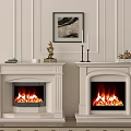 Double White Fireplaces with Flaming Logs Decorative Sculptures Candles and Artwork in Modern Interior