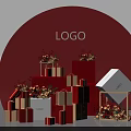 Red Circular Backdrop With Logo And Stacked Red Gold Gift Boxes Decorative Bouquets 3d model
