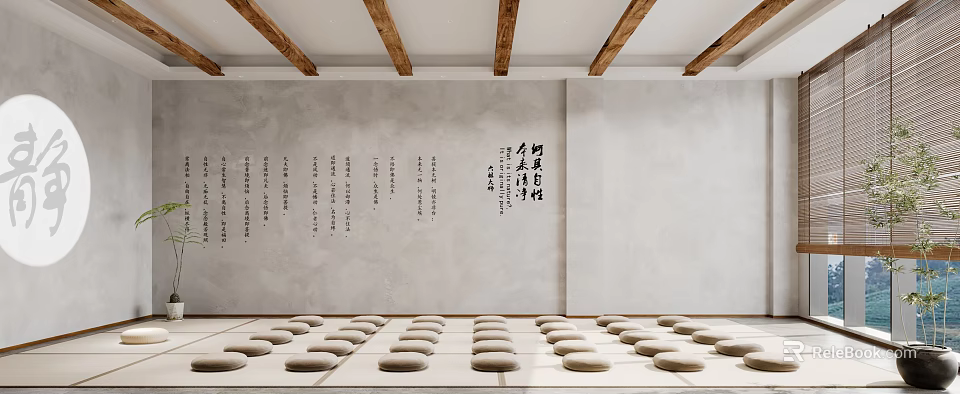 Traditional Interior Space With Wooden Beams Gray Walls Calligraphy Characters And Neatly Arranged Round Cushions 3d model 