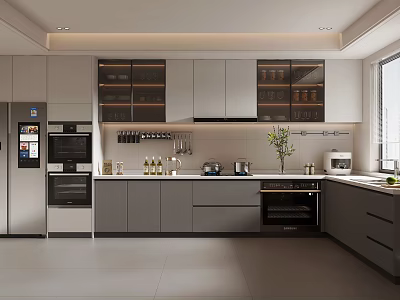 Modern Kitchen Interior With Gray Cabinets Glass Door Upper Cabinets And Stainless Steel Appliances 3d model