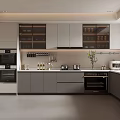 Modern Kitchen Interior With Gray Cabinets Glass Door Upper Cabinets And Stainless Steel Appliances