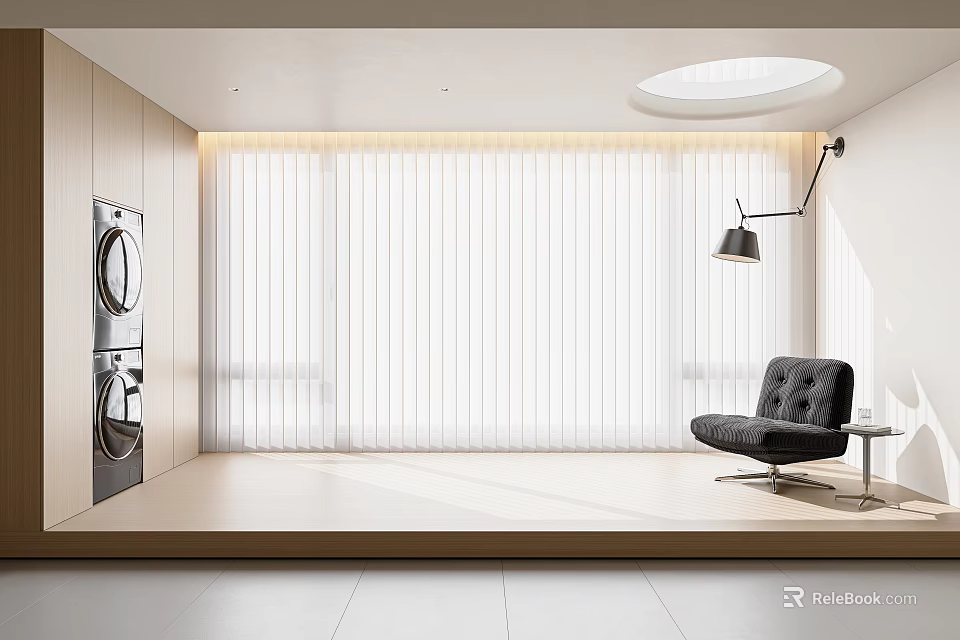 Bright Modern Minimalist Interior With Venetian Blinds Washing Machine Dryer Black Chair And Floor Lamp 3d model 