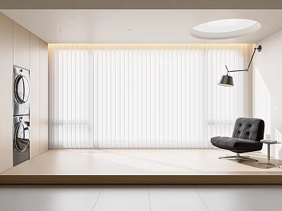 Bright Modern Minimalist Interior With Venetian Blinds Washing Machine Dryer Black Chair And Floor Lamp 3d model