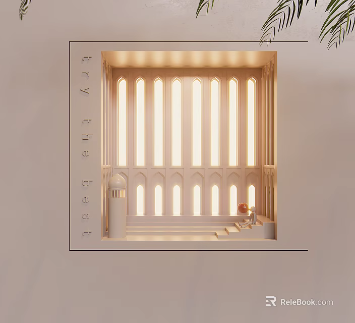 Decorative Lights In Arched Interior With Vertical Light Strips Warm Glow And Steps 3d model 