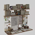 Kids Bed With Bookshelf And Dolls In Study Space With Drawings And Stationery