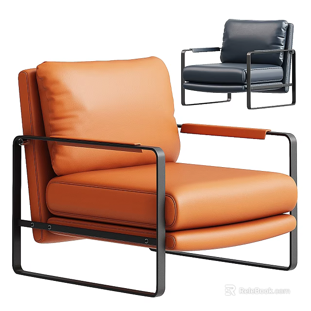 Modern Orange Leather Single Sofa With Black Metal Frame And Armrests 3d model 