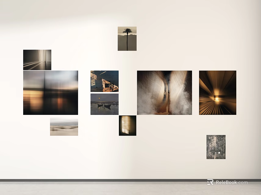 Landscape Paintings on White Wall with Different Scenery Elements Seascape Architecture Trees and Light Effects 3d model