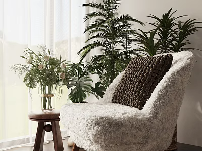 Cozy Leisure Chair With Brown Knitted Cushion Vase White Green Flowers Green Plants Natural Light 3d model