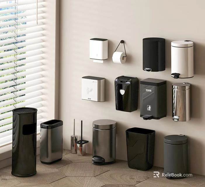 Modern Bathroom Set Featuring Wall Mounted Floor Standing Trash Bins Toilet Paper Holders Soap Dispensers 3d model 