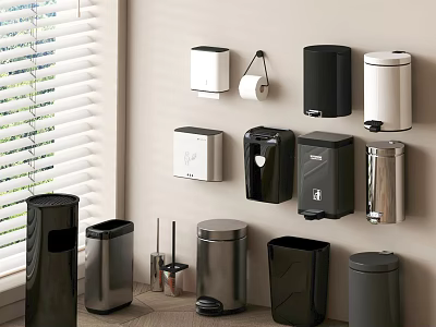 Modern Bathroom Set Featuring Wall Mounted Floor Standing Trash Bins Toilet Paper Holders Soap Dispensers 3d model