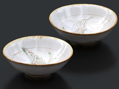 Hand-Painted Ceramic Bowls With Intricate Leaf Patterns And Decorative Rim Design Set Of Two 3d model