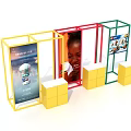Colorful Retail Display Stands With Yellow Red Green Frames Screens And Yellow Cube Bases