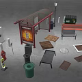 Urban Street Scene Components With Bus Shelter Benches Trash Bins And Street Lamp