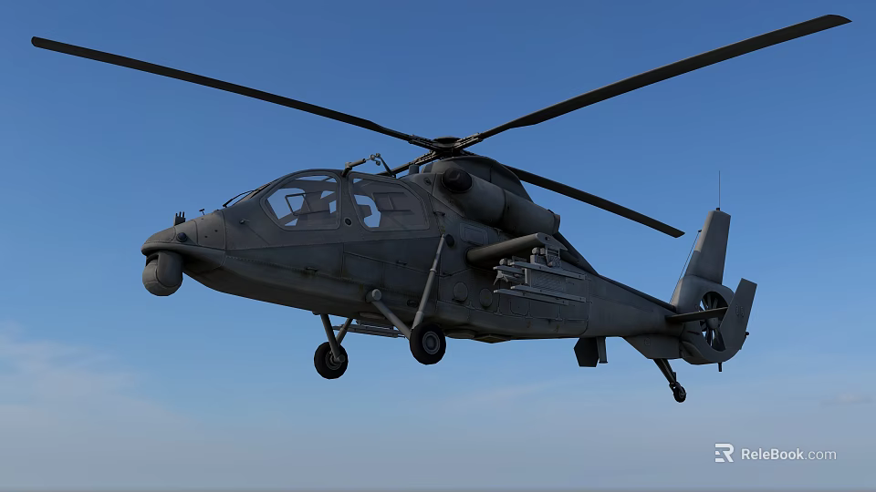Military Attack Helicopter Flying in Clear Blue Sky with Rotor Blades and Armaments 3d model 