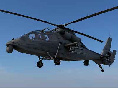 Military Attack Helicopter Flying in Clear Blue Sky with Rotor Blades and Armaments 3d model