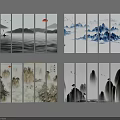 Traditional Chinese Ink Landscape Paintings Featuring Mountains Water Birds And Sunrise Panels