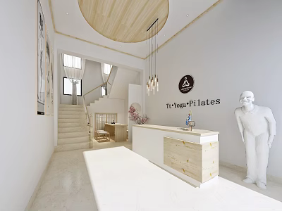 Re Shape Pilates Studio Interior With Reception Area Staircase And Human Figure Model 3d model