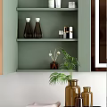 Modern Gray Washbasin Vanity With Mirror Marble Countertop Gold Faucet Green Plant And Wall Lamp