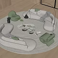 Modern Circular White Sofa Coffee Table Set with Green Chairs Potted Plant and Rug