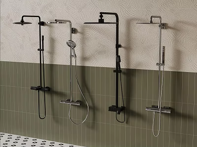 Sleek Modern Shower Fixtures With Wall Mounted Heads And Handheld Sprays On Tile Wall 3d model
