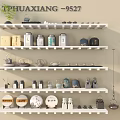 Decorative Ornament Combination With Teapots Jars Plates And Figurines On White Shelves For Home Decor