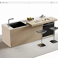 Modern Minimalist Bar Counter With Wooden Top Black Stools Sink And Dishwasher