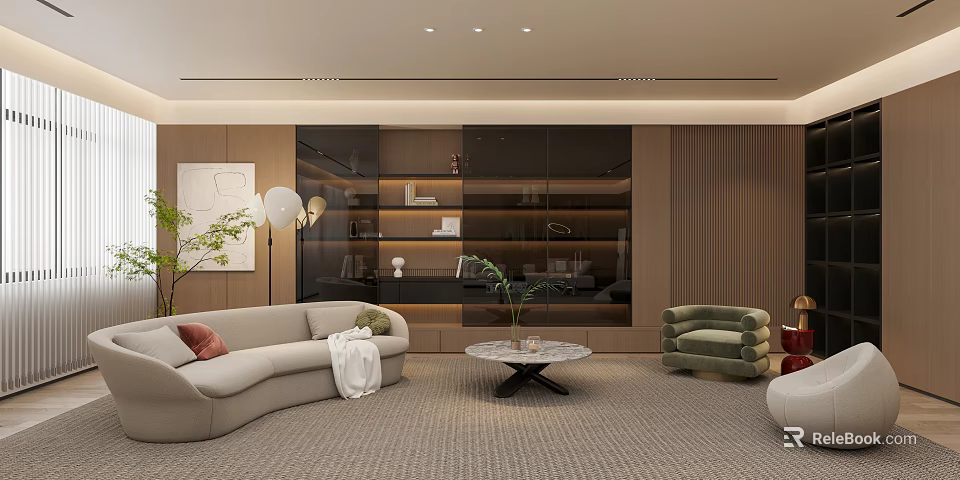 Elegant Modern Living Room Interior with Beige Sofa Green Armchair and Marble Coffee Table 3d model 