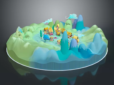 Cartoon Scenic Model With Green Blue Hills Small Houses Clouds And Trees 3d model