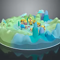 Cartoon Scenic Model With Green Blue Hills Small Houses Clouds And Trees