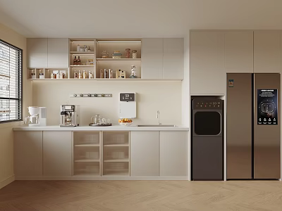 Modern Pantry Interior With White Cabinets Stainless Steel Fridge Coffee Machine And Water Dispenser 3d model