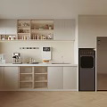 Modern Pantry Interior With White Cabinets Stainless Steel Fridge Coffee Machine And Water Dispenser