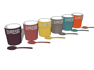 Colorful Expresso Printed Cups With Matching Spoons Arranged In Row 3d model