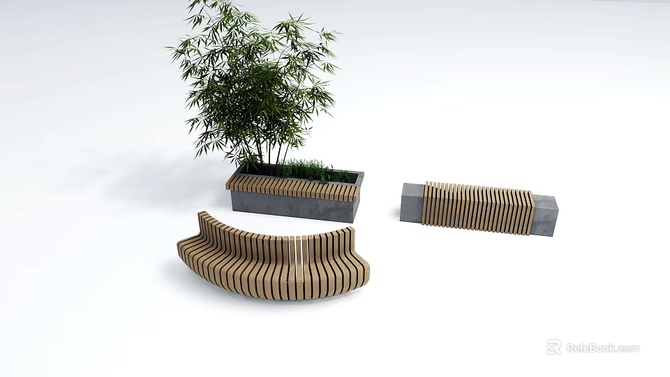 Curved Outdoor Chair With Wooden Slats And Concrete Base For Garden Patio 3d model 