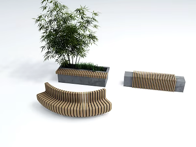 Curved Outdoor Chair With Wooden Slats And Concrete Base For Garden Patio 3d model